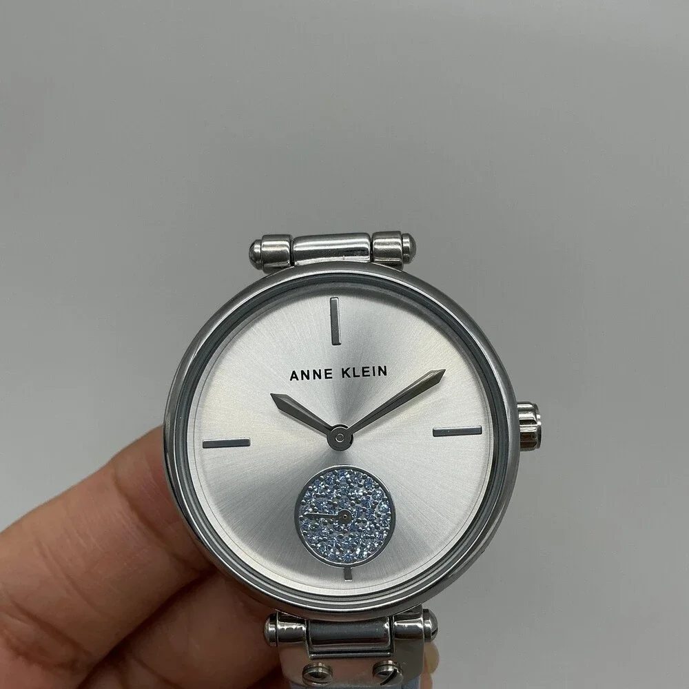 Anne Klein Womens Watch 34mm Silver Tone Blue Leather AK/3384 New Battery